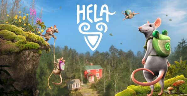 Key artwork for Hela: Of Mice & Magic showing various mice with little froggy backpack clambering on rocks. There is a house and forest in the background. Image: Knights Peak PR, published on LadiesGamers.