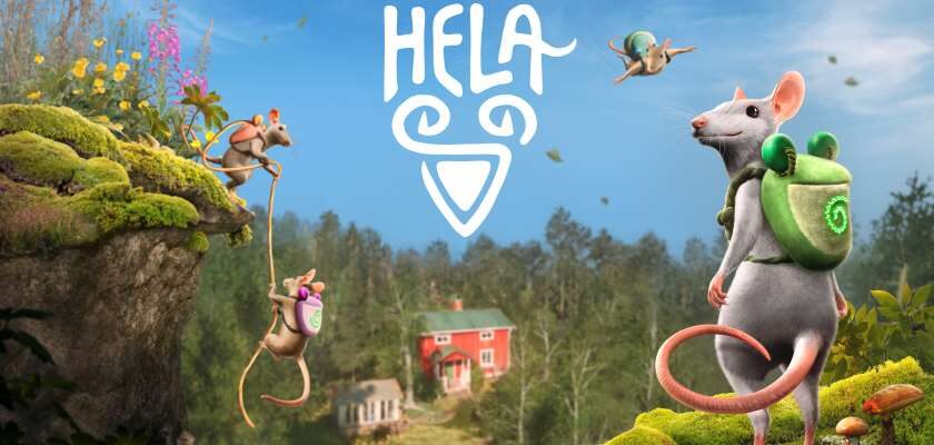 Key artwork for Hela: Of Mice & Magic showing various mice with little froggy backpack clambering on rocks. There is a house and forest in the background. Image: Knights Peak PR, published on LadiesGamers.