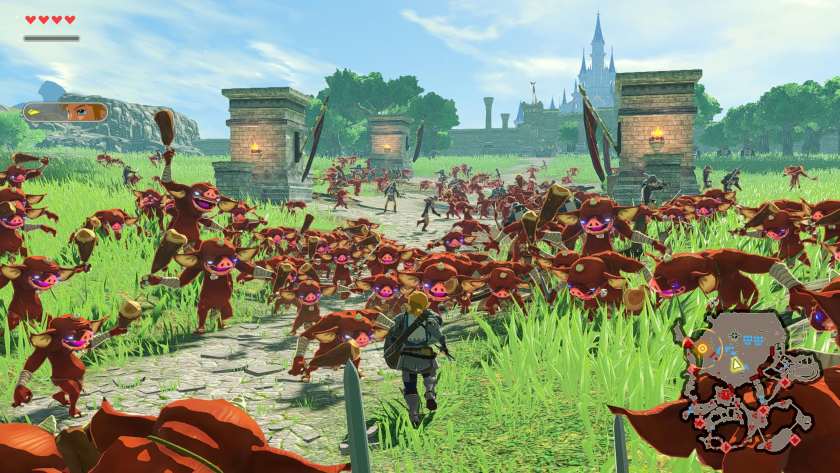 Promotional image of hordes of enemies swarming towards Link in Hyrule Warriors Age of Calamity Definitive Edition. Published on LadiesGamers