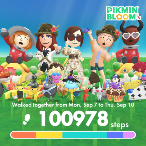Screenshot of Pikmin Bloom, showing the celebration of a walking challenge