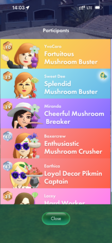 Screenshot of Pikmin Bloom, showing the celebration of a mushroom challenge