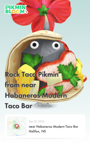 Screenshot of Pikmin Bloom, showing a decor pikmin with a taco