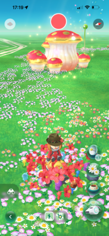 Screenshot of Pikmin Bloom, showing the virtual surroundings and mushroom to fight