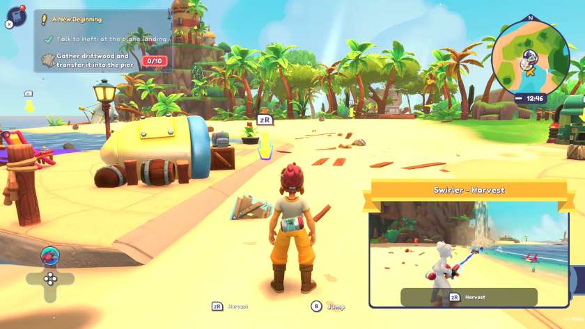 My character standing on the beach with a ZR above some driftwood, an explanation box to the right side showing that pressing ZR will harvest the resource. Published on LadiesGamers