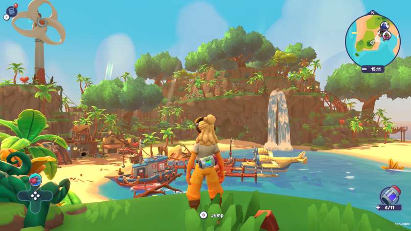 My character standing on a hill, looking over Lou's Lagoon, with lush vegetation and blue sea. Published on LadiesGamers