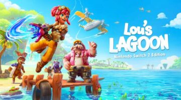 Promotional image for Lou's Lagoon showing the main character and other residents at the dock, with a seaplane in the sky behind. Published on LadiesGamers.