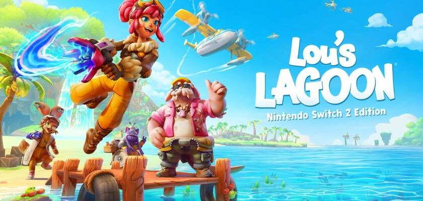 Promotional image for Lou's Lagoon showing the main character and other residents at the dock, with a seaplane in the sky behind. Published on LadiesGamers.