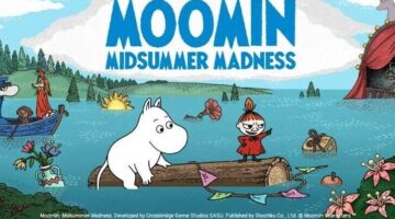Key artwork for Moomin: Midsummer Madness showing Moomintroll and Little My floating on a log, with various items drifting on the flood water. Image source: Shochiku Games, published on LadiesGamers