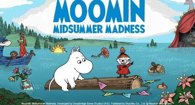Key artwork for Moomin: Midsummer Madness showing Moomintroll and Little My floating on a log, with various items drifting on the flood water. Image source: Shochiku Games, published on LadiesGamers