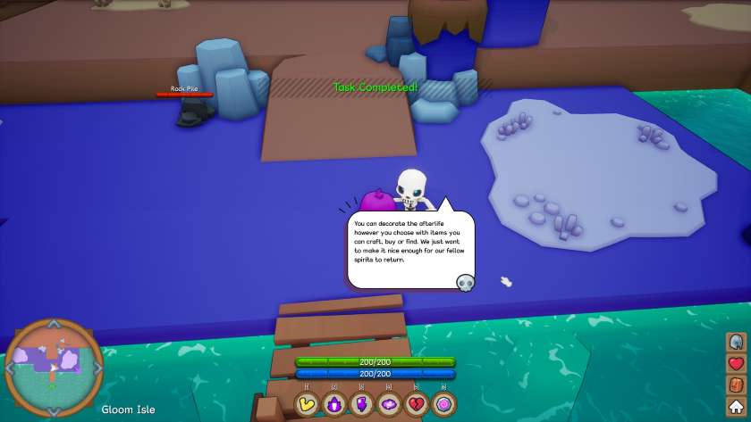 The tutorial NPC encourages the main character to decorate the town as much as possible in My Lil Afterlife.
