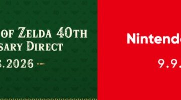 Promotional image for The Legend of Zelda 40th Anniversary Direct in green, and the red background with white writing of the Nintendo Direct logo. Published on LadiesGamers