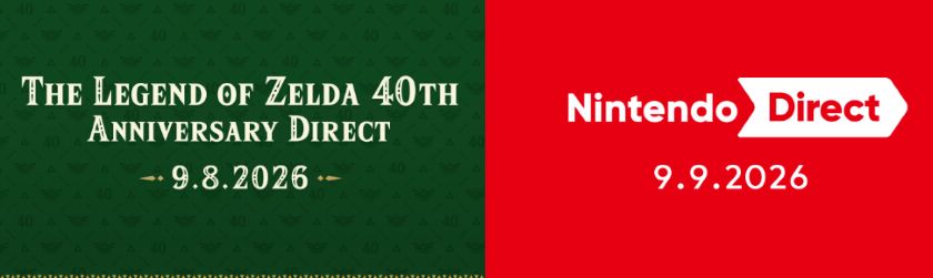 Promotional image for The Legend of Zelda 40th Anniversary Direct in green, and the red background with white writing of the Nintendo Direct logo. Published on LadiesGamers