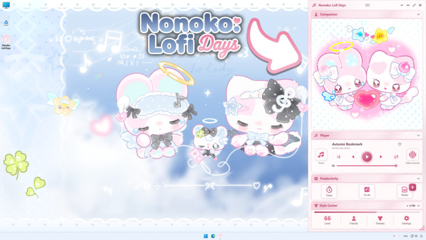 Nonoko: Lofi Days Productivity app showcaing the cute companions and playlist hub