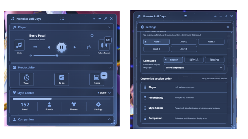 Nonoko: Lofi Days settings, showcasing the music player tab, productivity tab (containing the timer, notes, and to-do lists), and companion tab