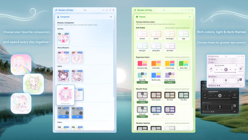 Nonoko: Lofi Days showcasing the different themes and companions you can purchase within the app with the experience points you gain by working and using the app