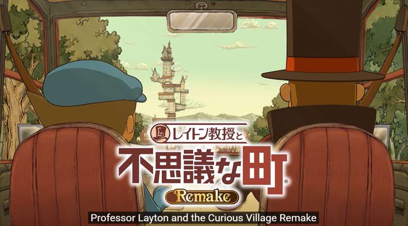 Professor Layton and Luke travelling towards the curious village, with a large tower structure in the background. Image from Level5, published on LadiesGamers.