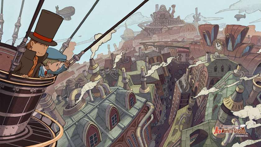 Professor Layton and Luke in a hot air balloon floating over the steampunk city. Image from Level5, published on LadiesGamers.