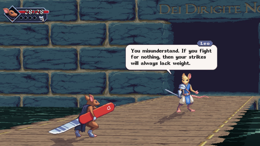Small Saga Verm the Vagabond fighting a boss mice on the sewers of London. Text reads: "You Misunderstand. If you fight for nothing, then your strikes will always lack weight."