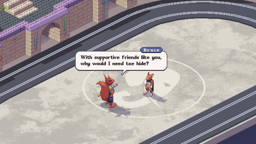 Small Saga Bruce and Verm talking at the Vinium arena. Bruce says: "With supportive friends like you, why would I need tae hide?"