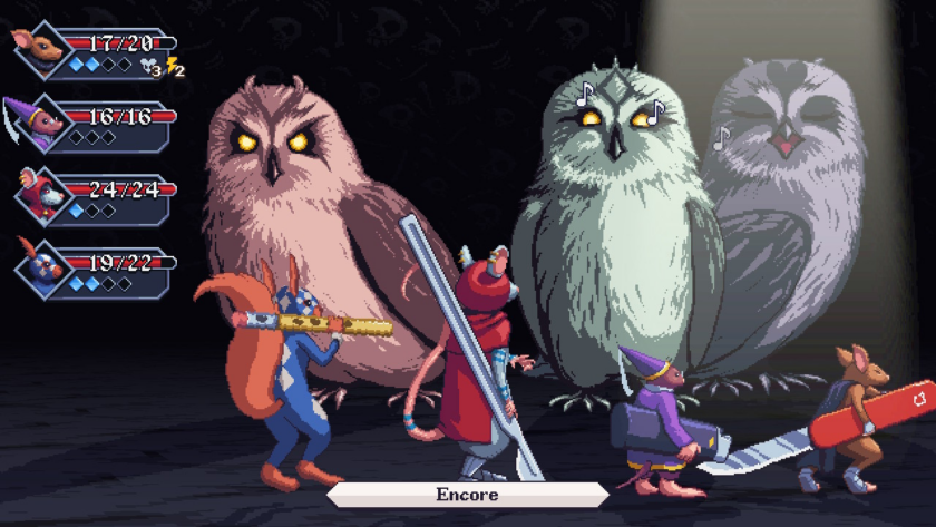 Small Saga full party: Siobhan, Gwen, Bruce, and Verm fightning 3 Nightwing bosses