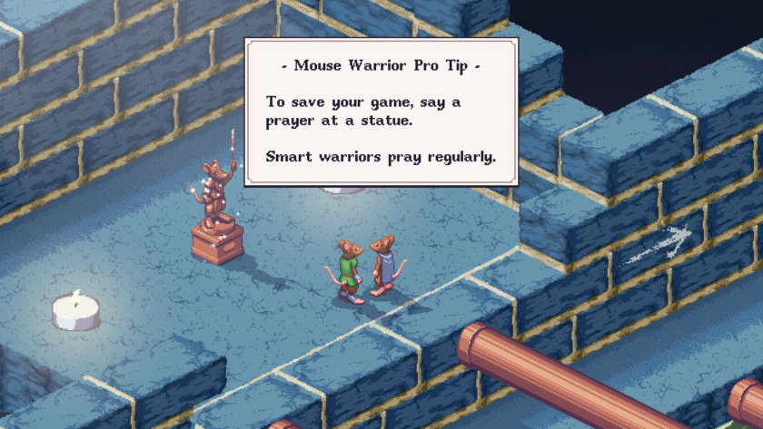 Small Saga tutorial on how to save the game. The note reads: "Mouse Warrior Pro Tip. To save your game, say a prayer at a statue. Smart warriors pray regularly"
