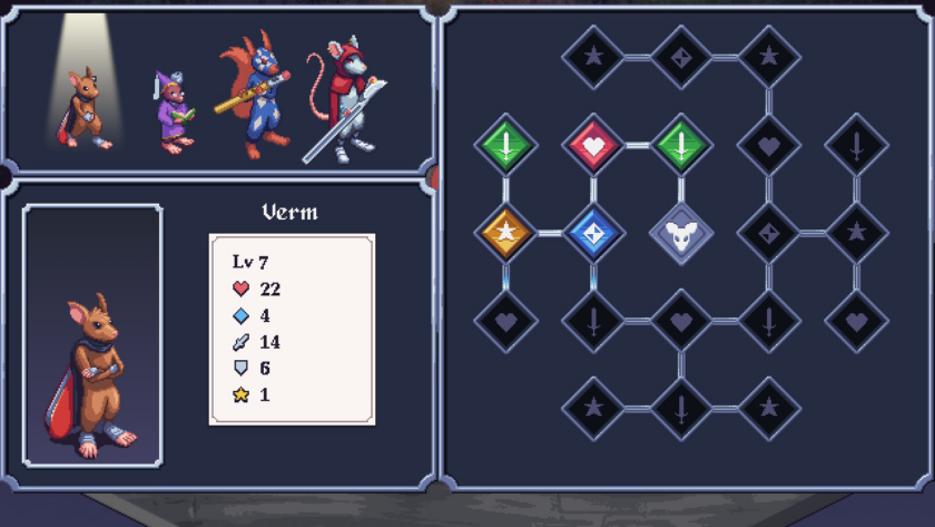Small Saga Skill Tree showcasing Verm branching path with 6 slots redeemed.