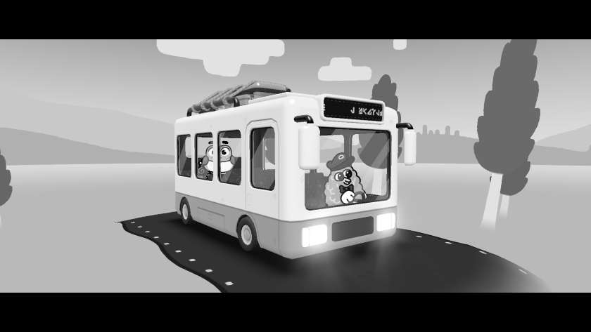The main character of TOEM 2 riding on a bus to a new location.