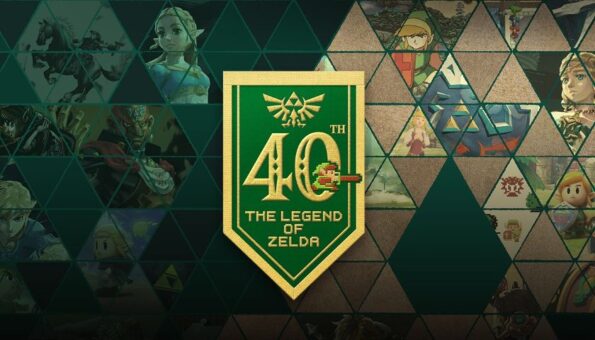 The promotional image for The Legend of Zelda 40th Anniversary Direct, with a needlework effect pennant, on a background of triangular snapshots over the years. Published on LadiesGamers