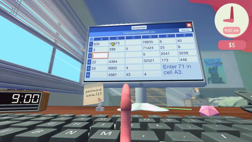 A worm sits in front of human-sized keyboard and looks at a spreadsheet on a screen in Worming From Home.
