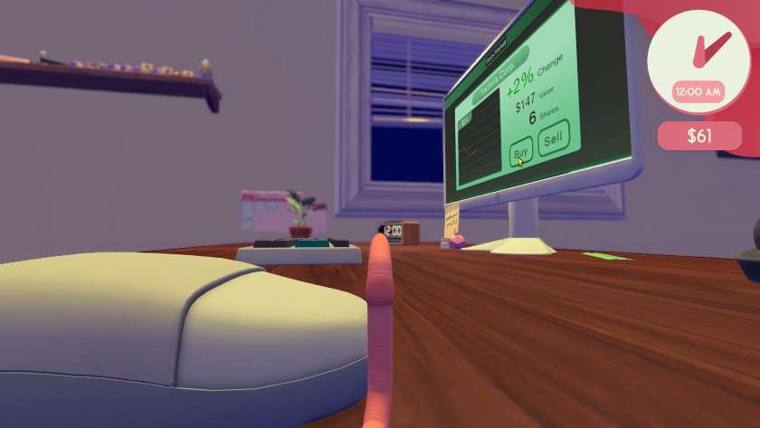 A worm is sitting next to a human-sized mouse and keyboard in Worming From Home.