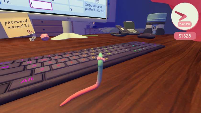 A worm that looks like a gummy worm and wearing a pink ribbon in Worming From Home.