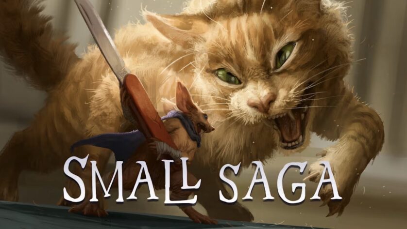 Promotional image for Small Saga, showing a mouse armed with a penknife defending against a large ginger cat. Published on Ladies Gamers