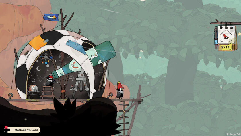 an astronomy observatiory made of junk with a bird in front of it