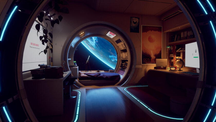 the interior of a cabin with a planet visible outside
