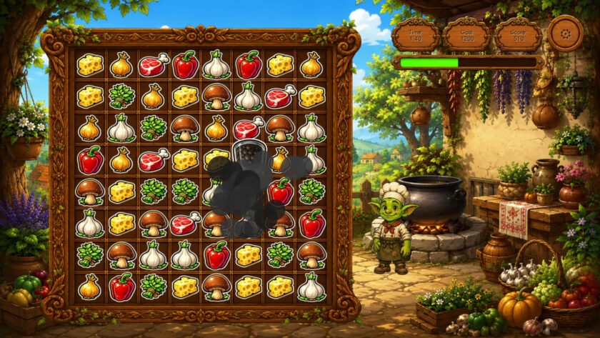 a match -3 puzzle with a black pepper shaker and a goblin on the side