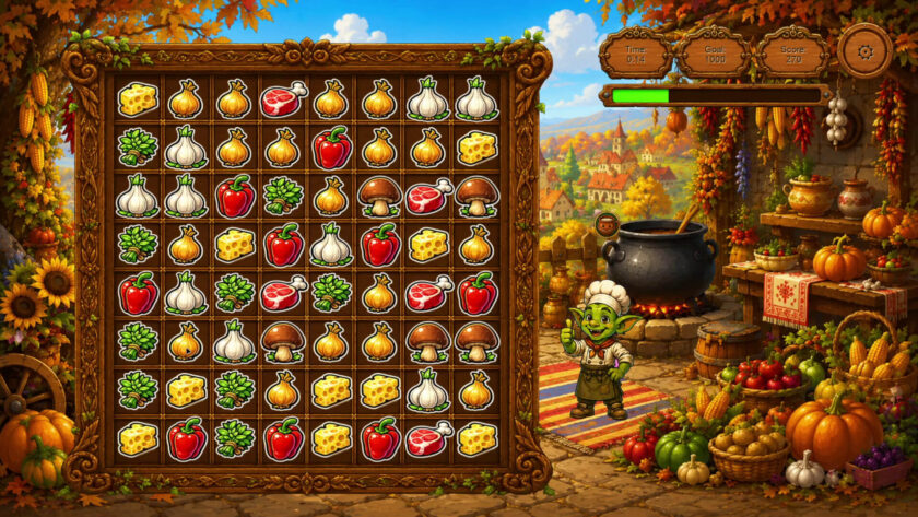 a match-3 puzzle with a goblin on the side and a lot of pumpkins