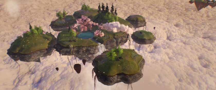 Nedi Cloud Simulator screenshot showing several green floating islands surrounded by clouds.