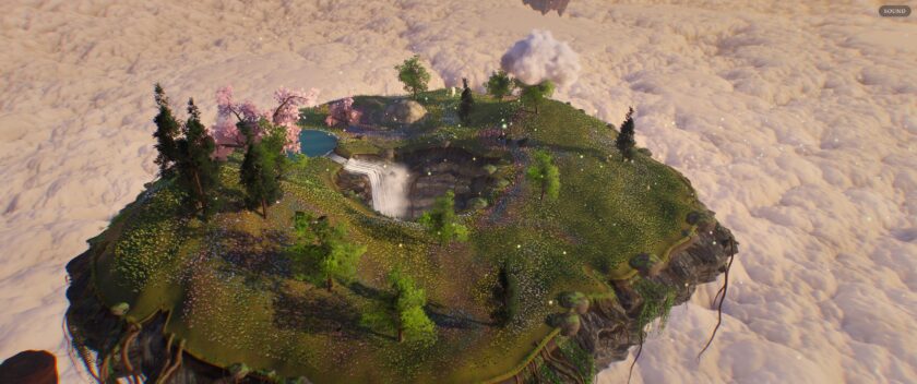 Nedi Cloud Simulator screenshot showing a restored floating island with green grass, pink flowering trees, and a waterfall