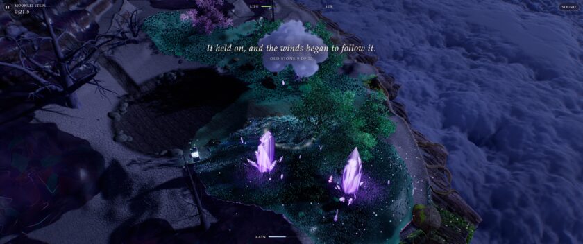 Nedi Cloud Simulator screenshot showing a floating island filled with glowing purple and crystals.