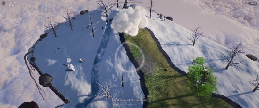 Nedi Cloud Simulator screenshot showing a snowy floating island partially restored with green grass and vegetation.