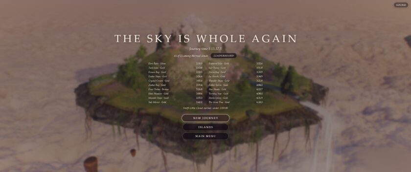Nedi Cloud Simulator end-of-game results screen showing island completion times and the message The Sky Is Whole Again.