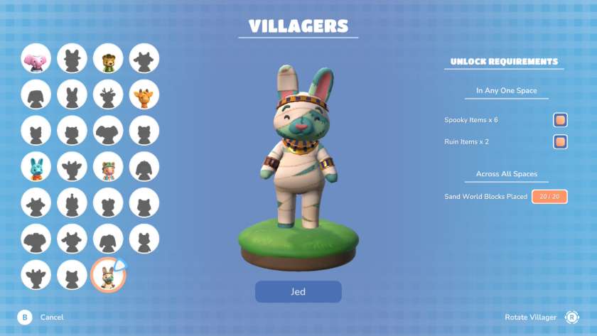 The villagers menu, with Jed selected. The requirements to unlock are given on the right-hand side, and are six spooky items, two ruin items and place 20 sand blocks placed across all spaces. Published on LadiesGamers
