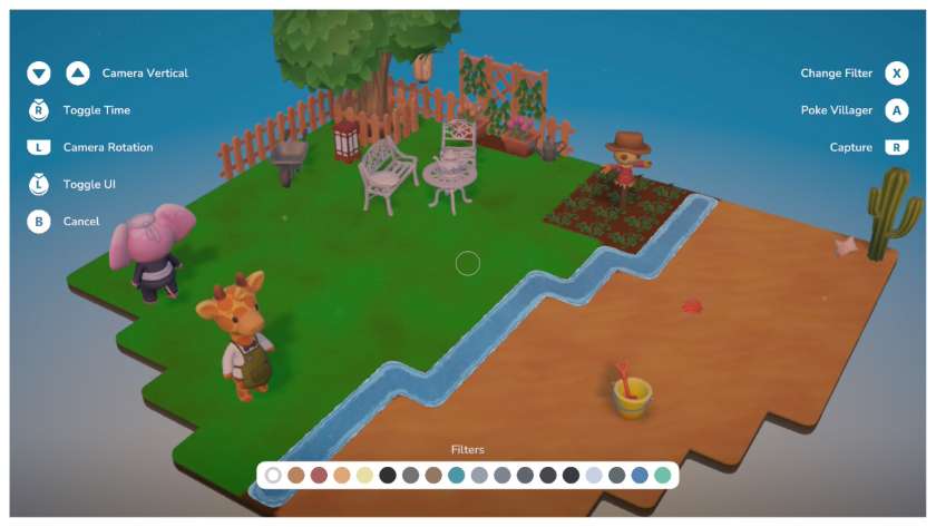 The garden template with Oma and Moss wandering around. The land has been expanded to include a river and a sandy area on which are shells, a bucket and spade, and a cactus. Published on LadiesGamers