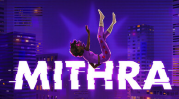 Mithra key art featuring Kyra falling above the game title against a colorful city backdrop.