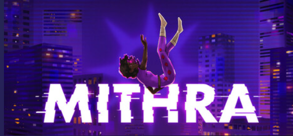 Mithra key art featuring Kyra falling above the game title against a colorful city backdrop.