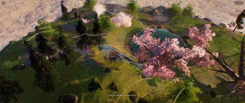 Nedi Cloud Simulator screenshot showing a colorful floating island with pink flowering trees, green grass, and turquoise water.