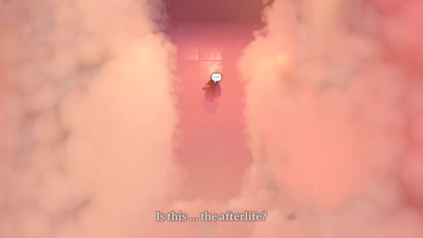 Top down view of a regal character asking whether this is the afterlife. The area is surrounded in a pink mist. Published on LadiesGamers