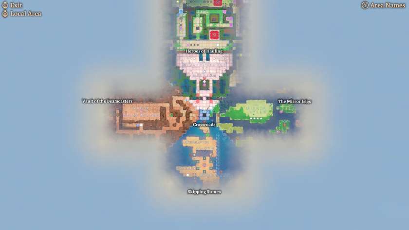 Map view of the grid-like starting areas. In the north is Heroes of Hauling, in the east are The Mirror Isles, to the south are the Skipping Stones, and the Vault of the Beamcasters lies to the west. Published on LadiesGamers
