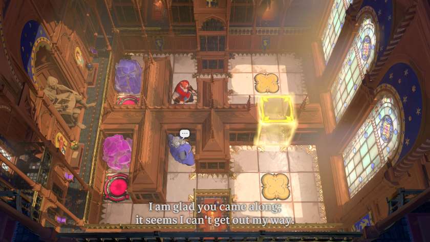 The Wizard and The Warrior in a puzzle room. There is a yellow block preventing access to the teleports, which is controlled via two pressure plates. The Wizard is saying that he is glad to see someone else as he can't get out by himself. Published on LadiesGamers