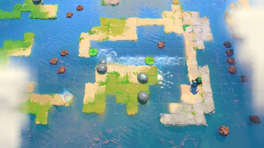 Small sandy islands with skipping stones on them. There are lily pads in the water, travelling along a current to form a pathway. Published on LadiesGamers 